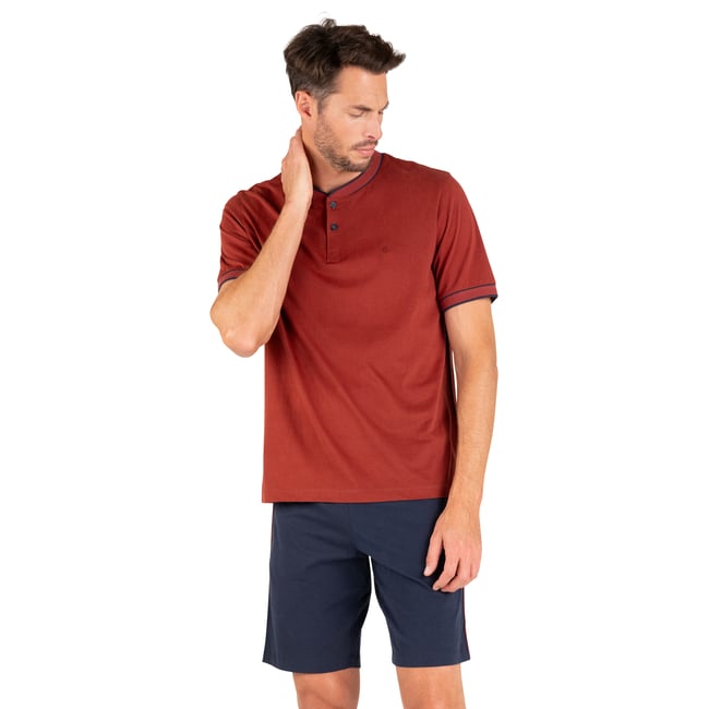 Pyjama court col T L'ECOSSAIS rouille-marine <span itemprop=