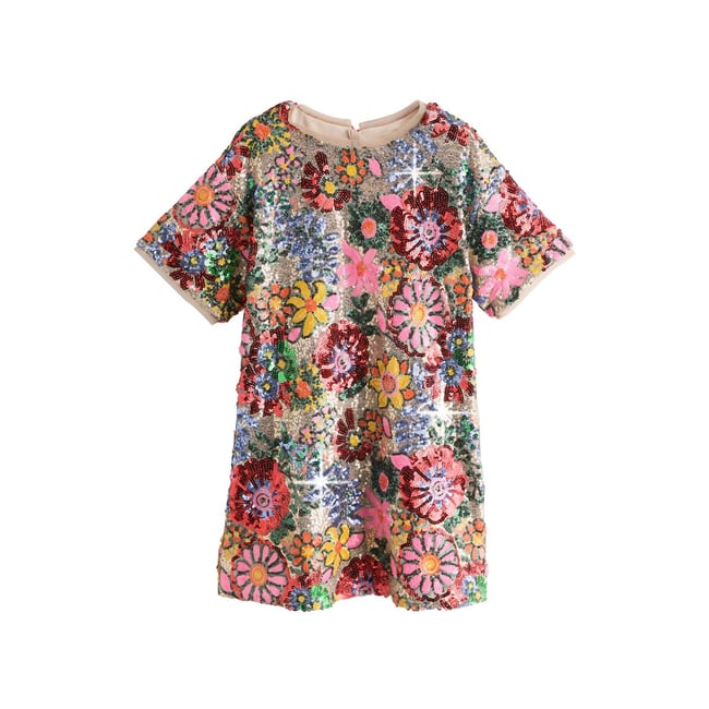 Robe t-shirt à sequins et fleurs multi rose <span itemprop=