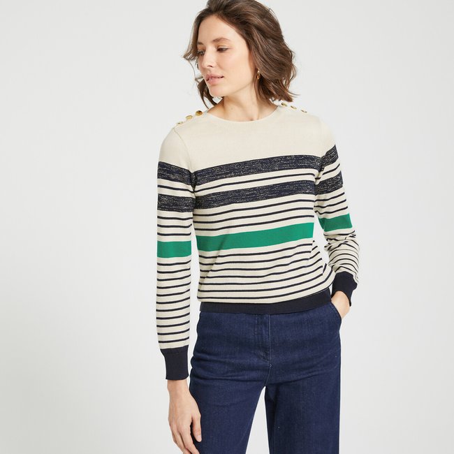 Pull rayé, col rond, en fine maille rayé fond ivoire <span itemprop=