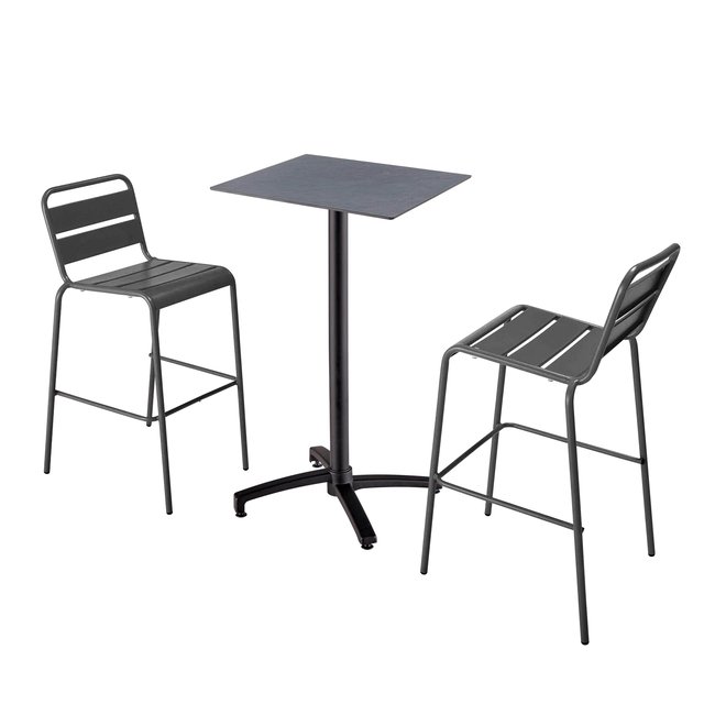 Table haute en HPL inclinable et 2 chaises hautes en métal, OPERA gris anthracite <span itemprop=