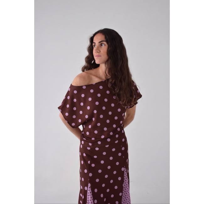 Top réversible à pois JIMENA marron / rose <span itemprop=