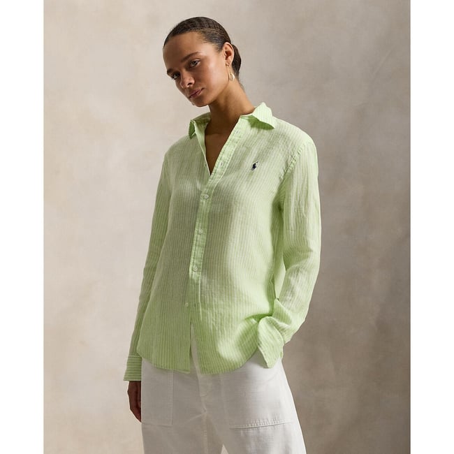 Chemise rayée en lin, à manches longues rayé vert/blanc <span itemprop=