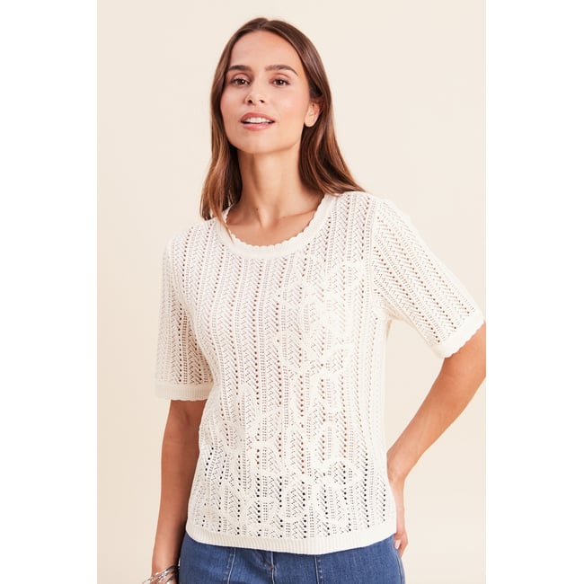 Pull ajouré col rond ecru <span itemprop=