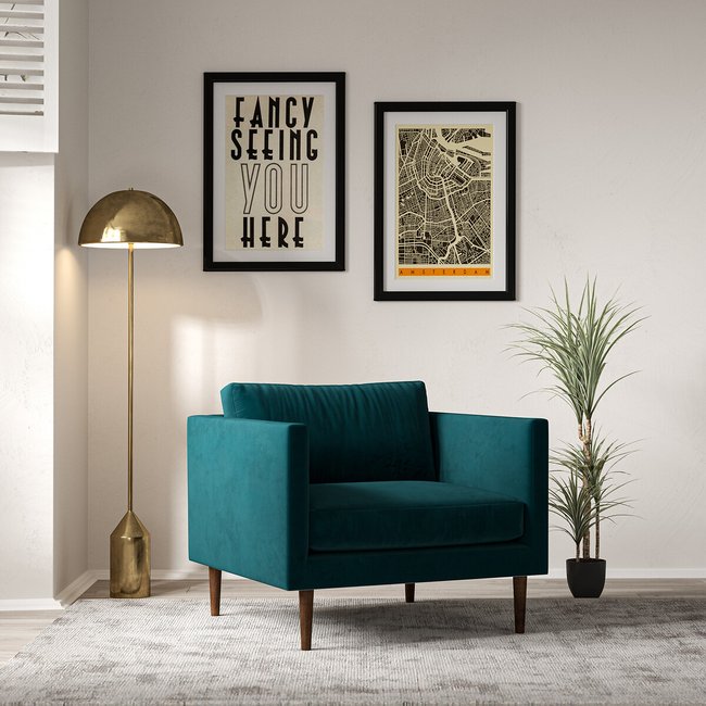 Gabriela Modern Velvet Armchair with Dark Wood Legs & Feather Fillings - SO'HOME