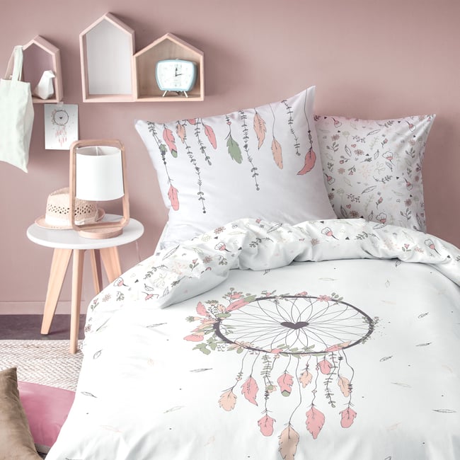 Parure de lit imprimée 100% coton, ATTRAPE COEUR blanc <span itemprop=