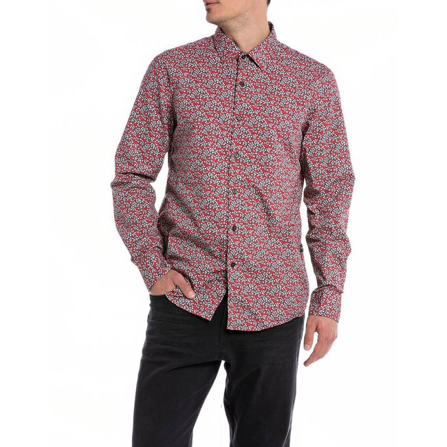 Printed Regular Fit Shirt with Long Sleeves, red, REPLAY