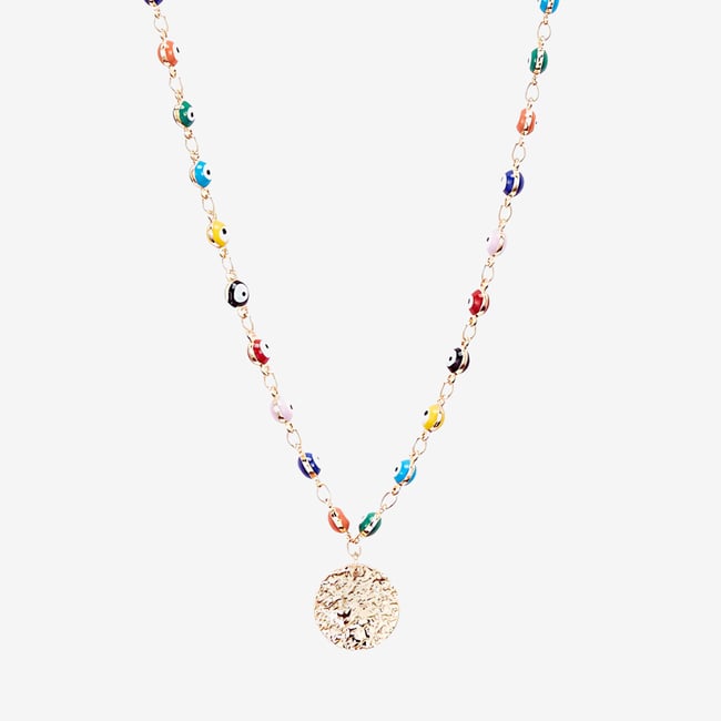 Collier œil multicolore avec médaillon multicolore <span itemprop=