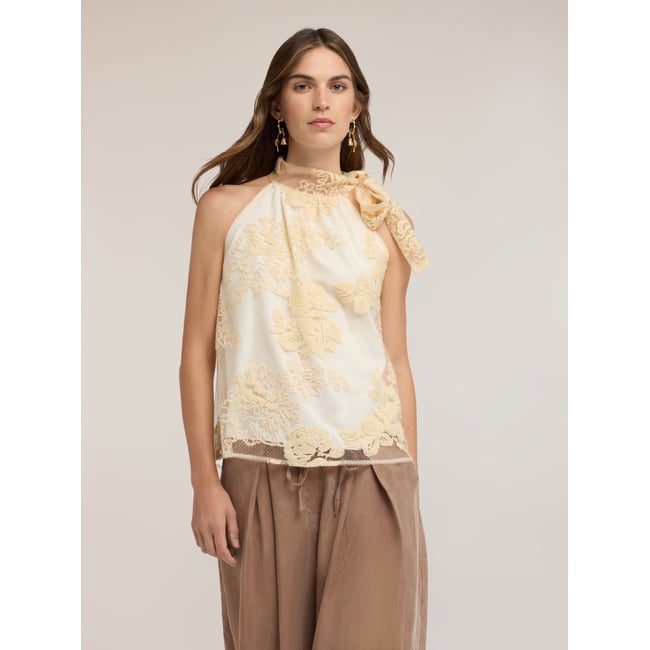 Top avec broderies et col licou beige <span itemprop=