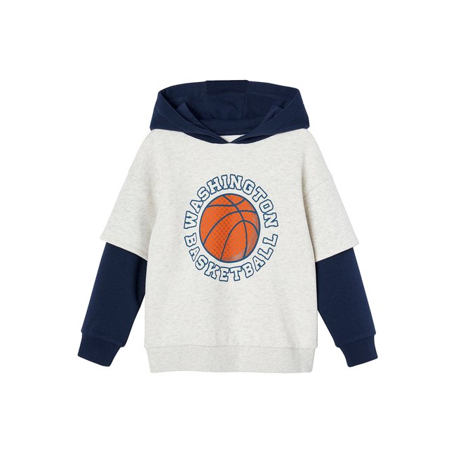 Sweat sport double manches motif ballon en relief blanc chiné <span itemprop=
