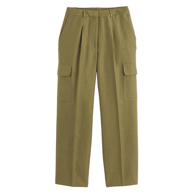 Calças largas em algodão e linho, bolsos à militar caqui <span itemprop=