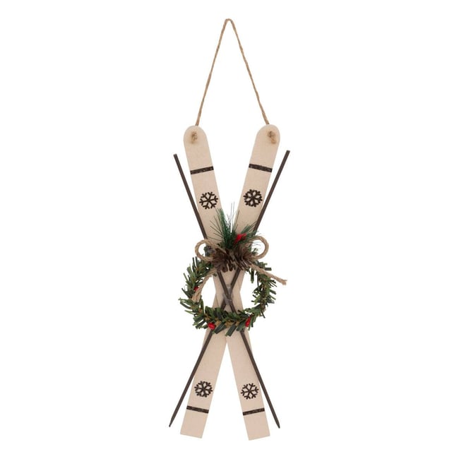 Suspension de sapin couronne et paire de skis en bois 26 cm Couleur multicolore <span itemprop=