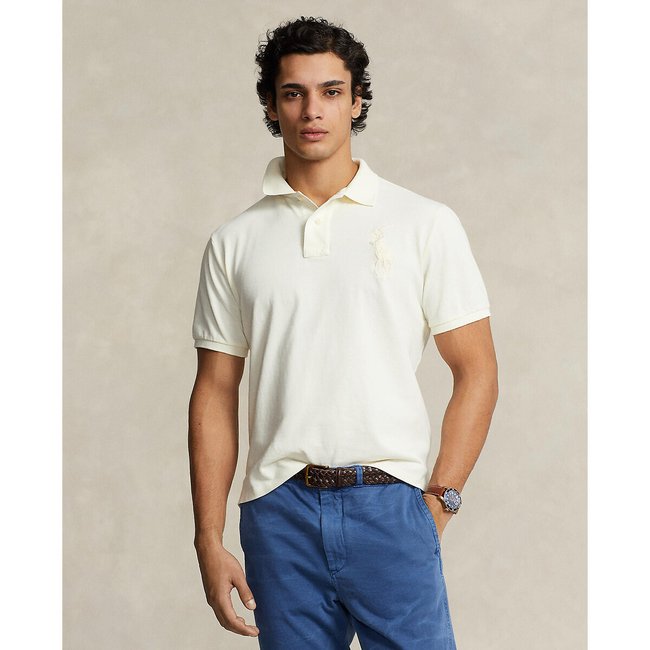 Polo direito, em malha piqué creme <span itemprop=