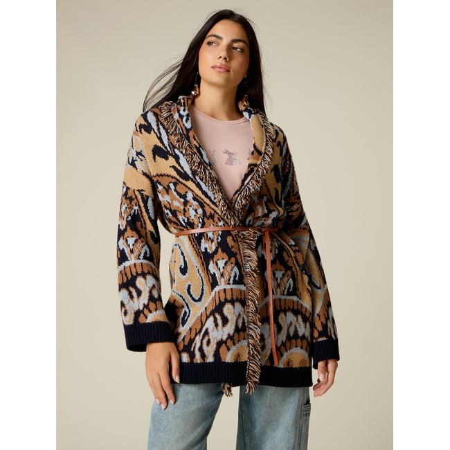 Cardigan long avec franges et cristaux beige <span itemprop=