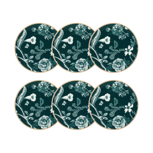 Lot de 6 assiettes à dessert en porcelaine 20cm, BOTANIC Couleur blanc-vert <span itemprop=