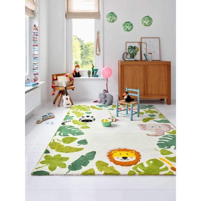 Tapis enfant blanc motif animaux jungle , E-SAFARI Couleur beige <span itemprop=