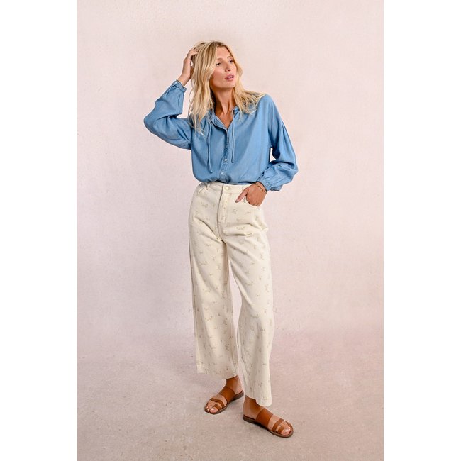Pantalon droit à motif crème <span itemprop=