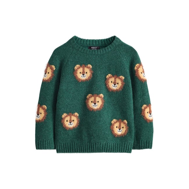 Pull ras de cou en maille à personnages lion vert <span itemprop=