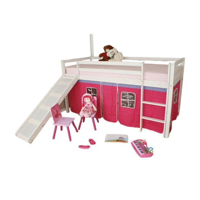 Lit Simple Blanc 90x200 en hauteur avec echelle et rideau et toboggan Fuchsia - HOMESTYLE4U