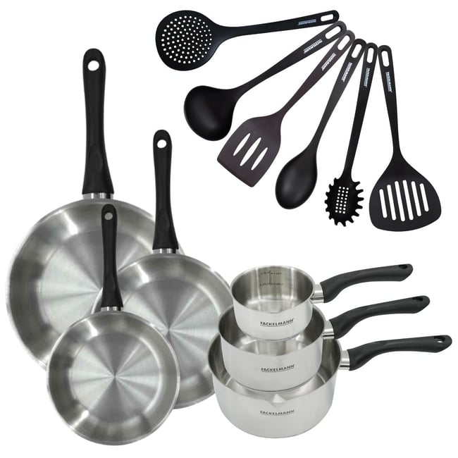 Batterie 3 poêles 20/24/28cm + 3 casseroles 12/16/20cm GENEVA inox|noir <span itemprop=