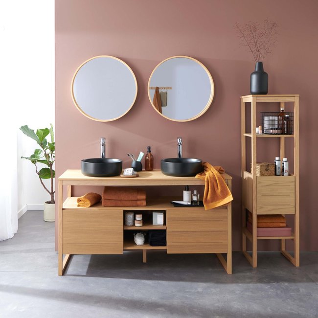 Meuble double 140cm chêne vasques noires miroirs colonnes ATOLL Couleur v002233 <span itemprop=