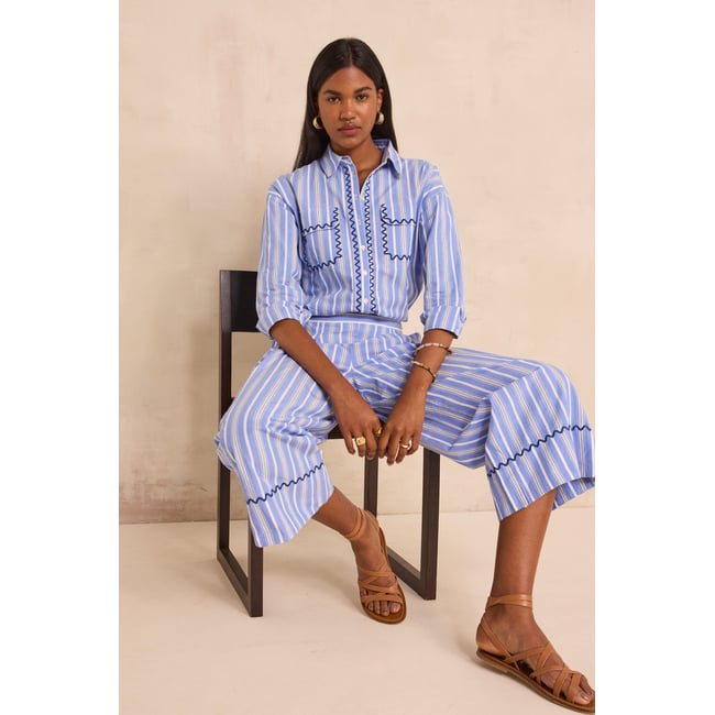 Pantalon rayé droit en coton LOUISETTE bleu roi <span itemprop=
