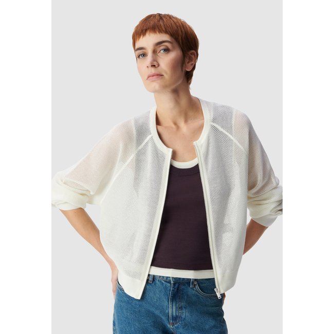 Cardigan zippé tricot ajouré ecru <span itemprop=