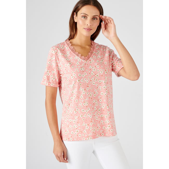 Tee-shirt imprimé détails dentelle orange corail fleuri <span itemprop=