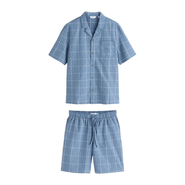 Pyjama boutonné à carreaux et manches courtes bleu <span itemprop=
