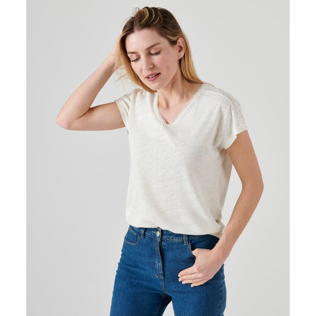 T-shirt mélange lin marron ecru <span itemprop=