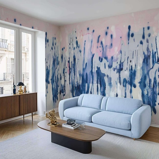 Papier peint panoramique et moderne d'une oeuvre contemporaine avec des notes bleues - 425x260 cm (l x h) Couleur bleu <span itemprop=