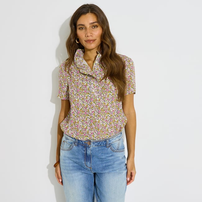 Blouse imprimé floral col volanté rose parme <span itemprop=