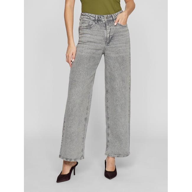 Jeans largos, cintura subida ganga cinzenta <span itemprop=