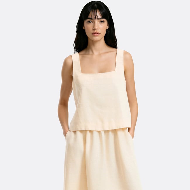 Lniany top na ramiączkach z guzikami z tyłu w kolorze pastelowej żółci LA REDOUTE COLLECTIONS