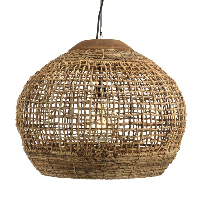 Suspension boule 60x60cm en abaca couleur naturelle et teck FOLELLI Couleur marron <span itemprop=