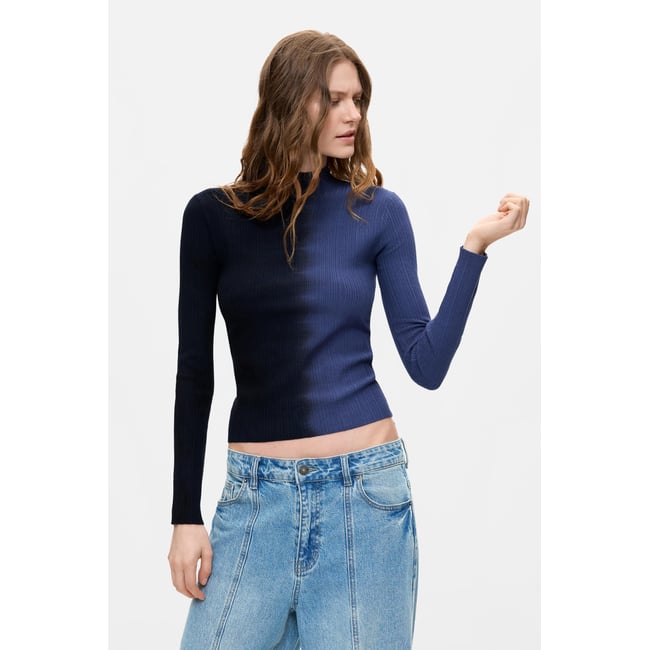 Pull bicolore en maille côtelée bleu <span itemprop=