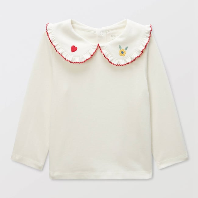 Blouse manches longues unie col brodé en coton BIO GOTS ecru <span itemprop=