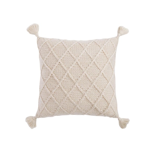 Coussin en maille bordé de pampilles crème <span itemprop=