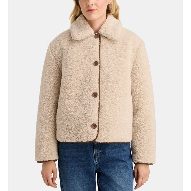 Blouson droit réversible effet sherpa écru <span itemprop=