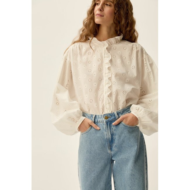 Embroidered Blouse with Loose Sleeves, Satine, ecru, DES PETITS HAUTS