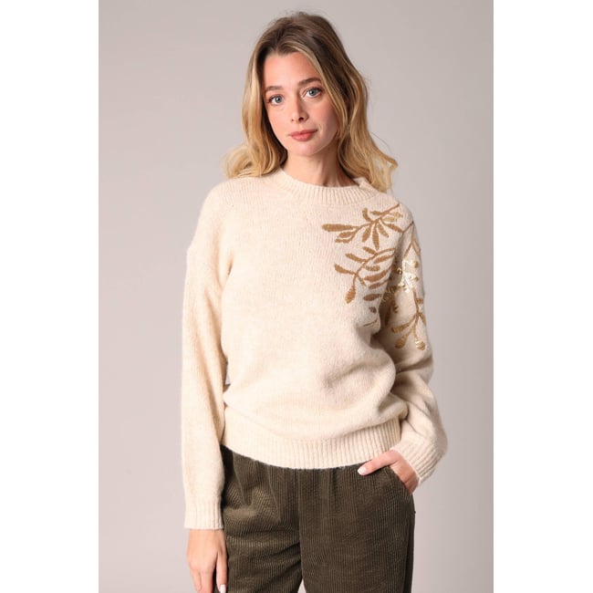 Pull en tricot orné de broderies florales à paillettes NADITA crème <span itemprop=