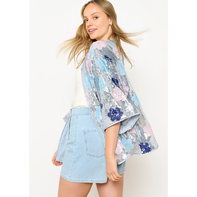 Kimono à sequins floraux argente <span itemprop=