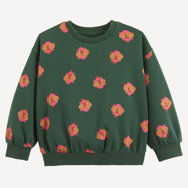 Sweat col rond, imprimé animalier, en molleton vert <span itemprop=