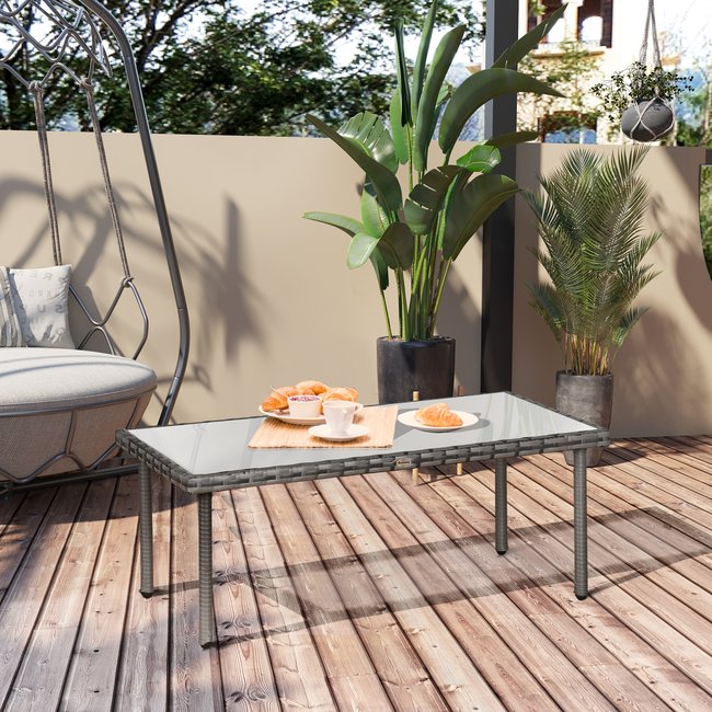 Table basse de jardin plateau verre trempé résine tressée - OUTSUNNY