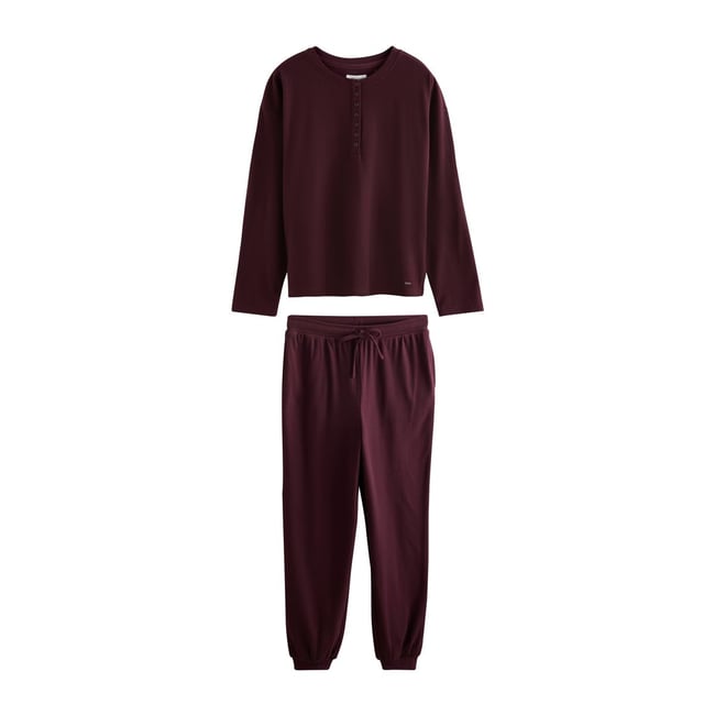 Pyjama confortable gaufré à col boutonné rouge bordeaux <span itemprop=