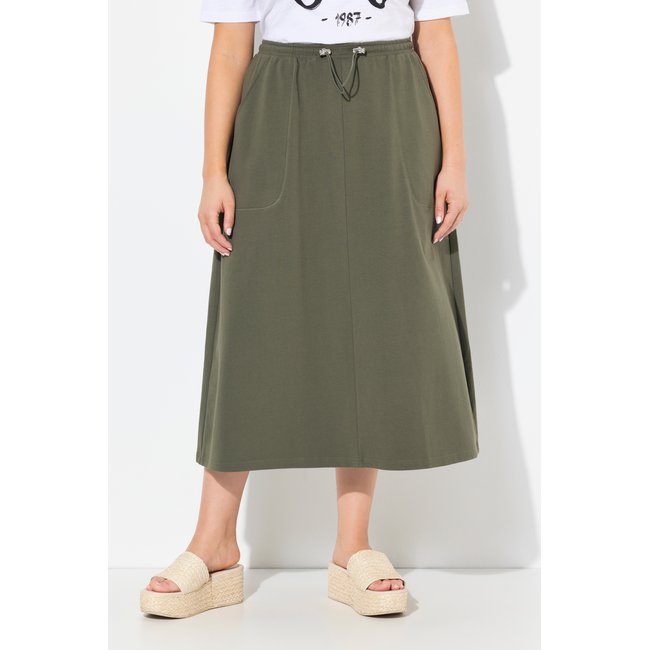 Jupe midi en sweat, taille froncée gris olive <span itemprop=