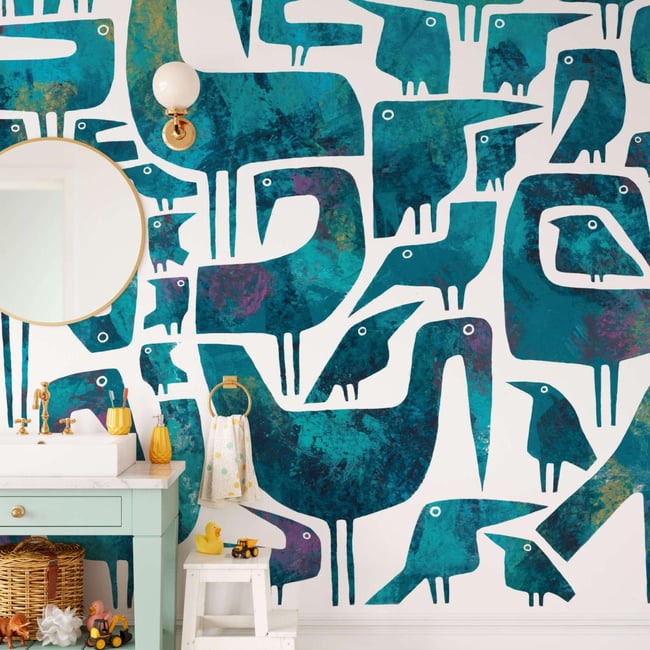 Papier peint panoramique avec silouhette d'oiseaux abstraits - 170x260 cm (l x h) Couleur bleu <span itemprop=