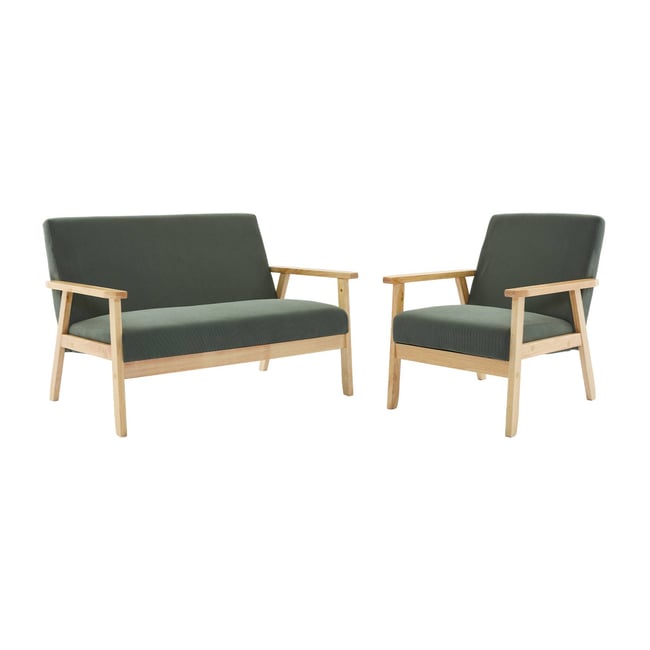 Banquette 2 places + fauteuil 1 place bois d'hévéa velours côtelé ISAK - SWEEEK