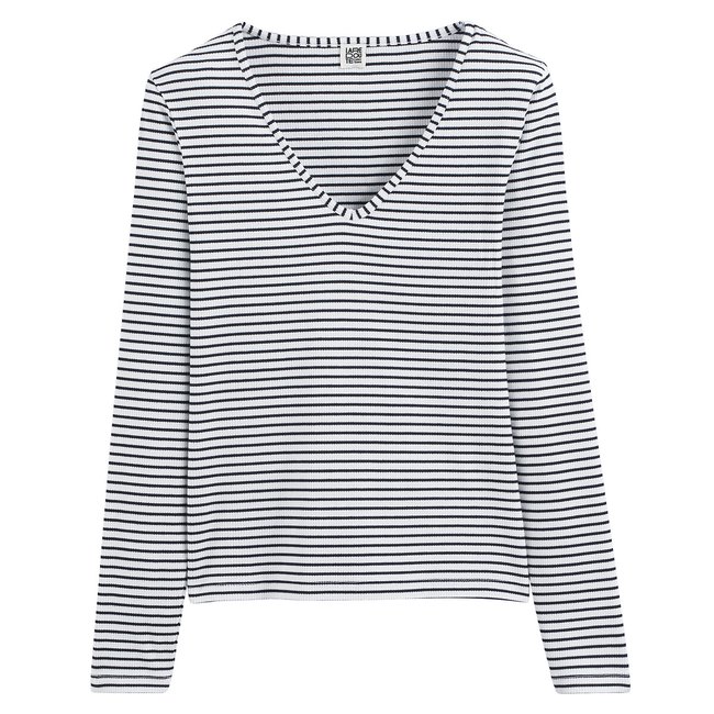 T-shirt scollo a V a righe, maniche lunghe rigato marine/bianco LA REDOUTE COLLECTIONS