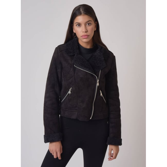 Perfecto en daim doublure imitation peau de mouton noir <span itemprop=