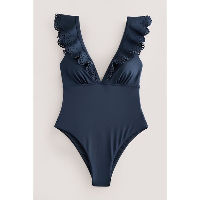 Maillot de bain gainant pigeonnant à volants bleu marine <span itemprop=